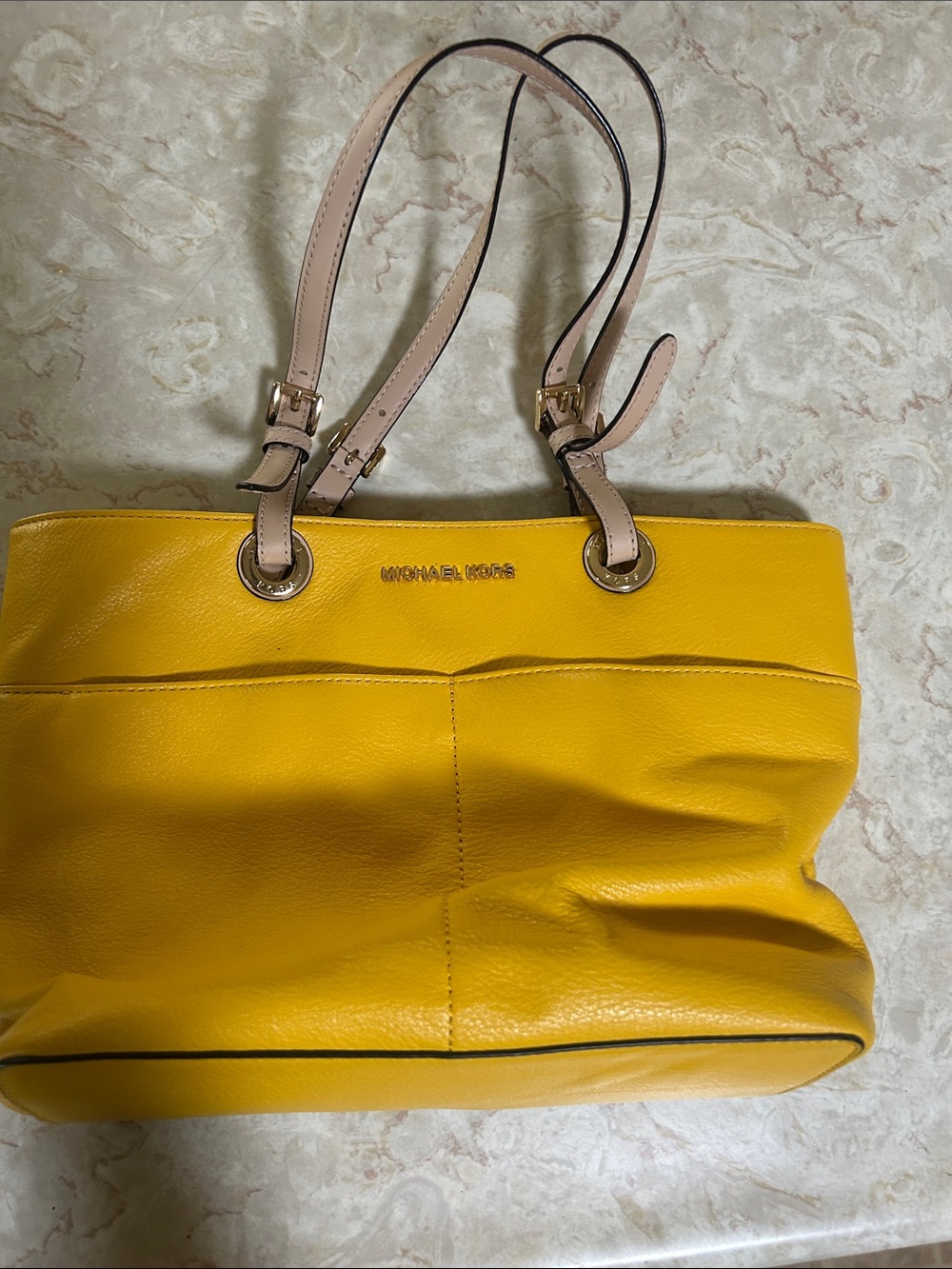 MICHAEL Michael Kors Yellow Leather Tote with Pale Pink Straps